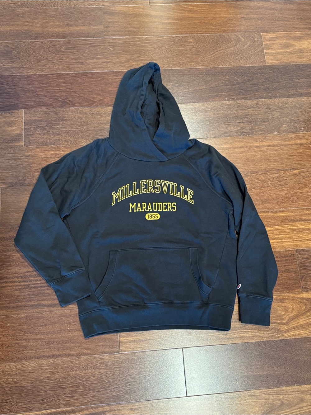 Unisex, large Millersville Marauders Black Hoodie with Gold Lettering